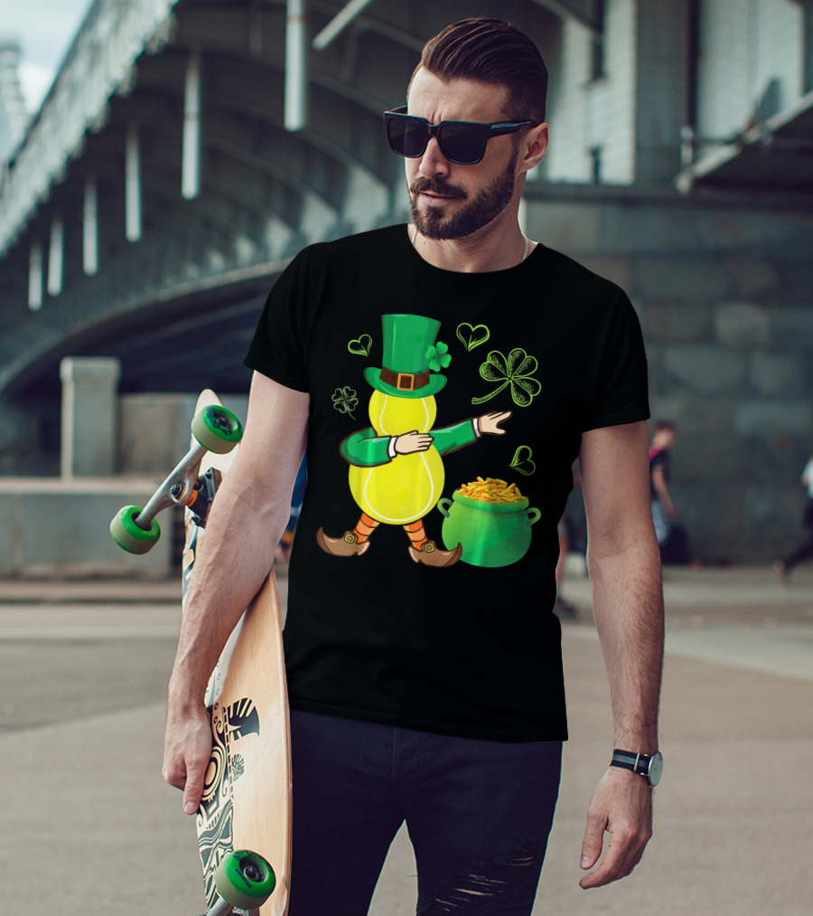 Tennis Leprechaun Dabbing With Gold Pot And Shamrocks T-Shirt