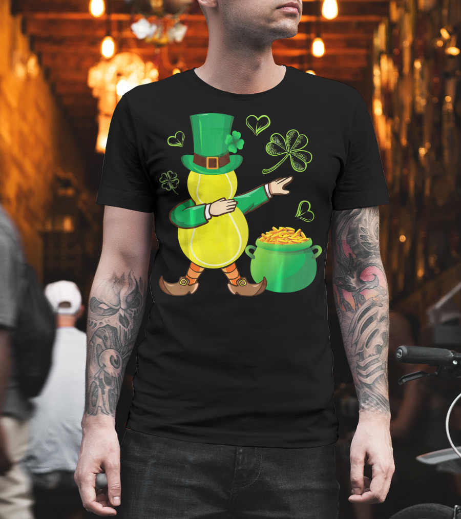 Tennis Leprechaun Dabbing with Gold Pot and Shamrocks T-Shirt