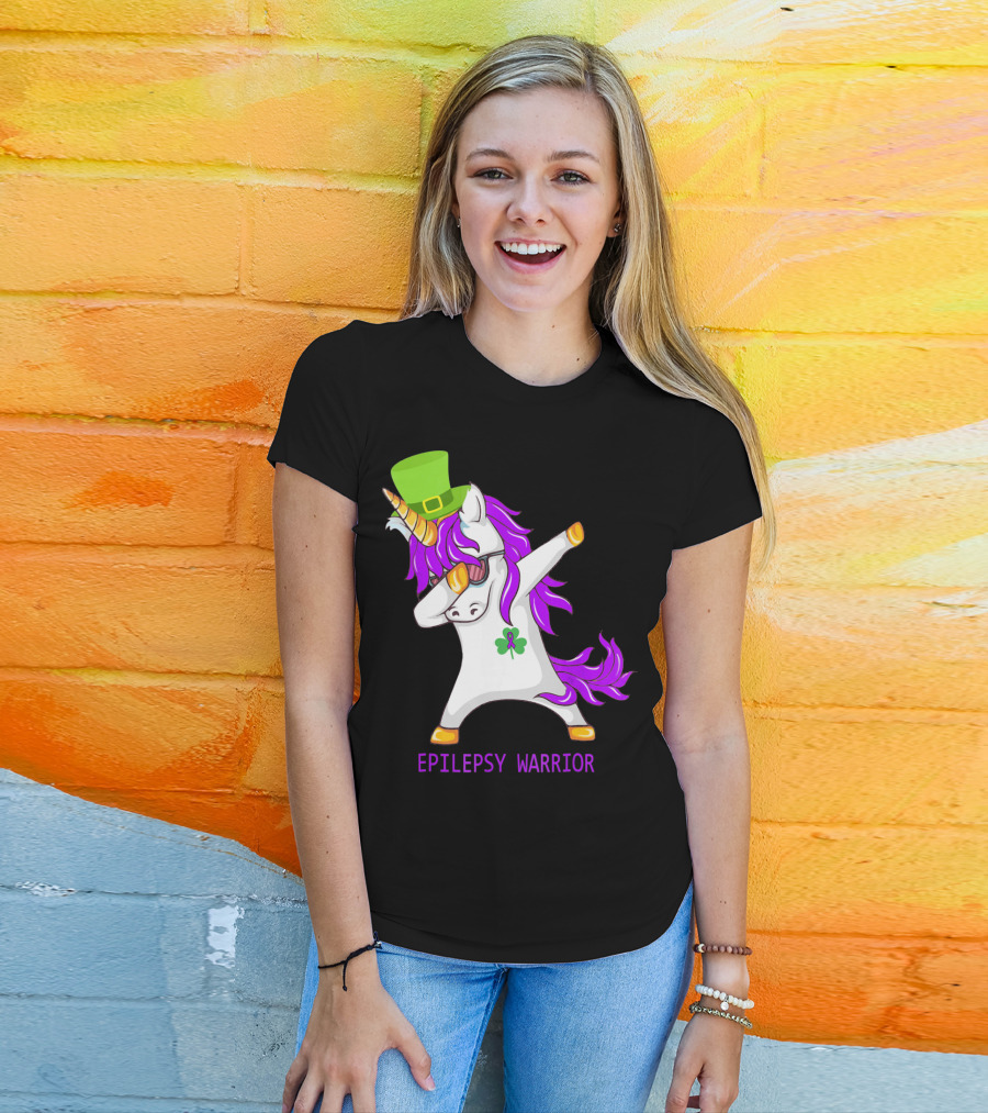 Unicorn Epilepsy Warrior Dabbing With Green Hat And Shamrock T-Shirt