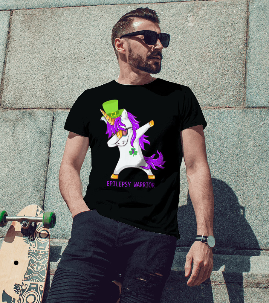 Unicorn Epilepsy Warrior Dabbing With Green Hat And Shamrock T-Shirt