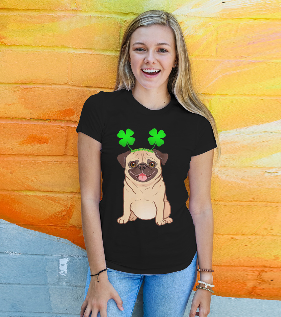 Cute Pug Adorned In Shamrock Headband With Happy Expression T-Shirt