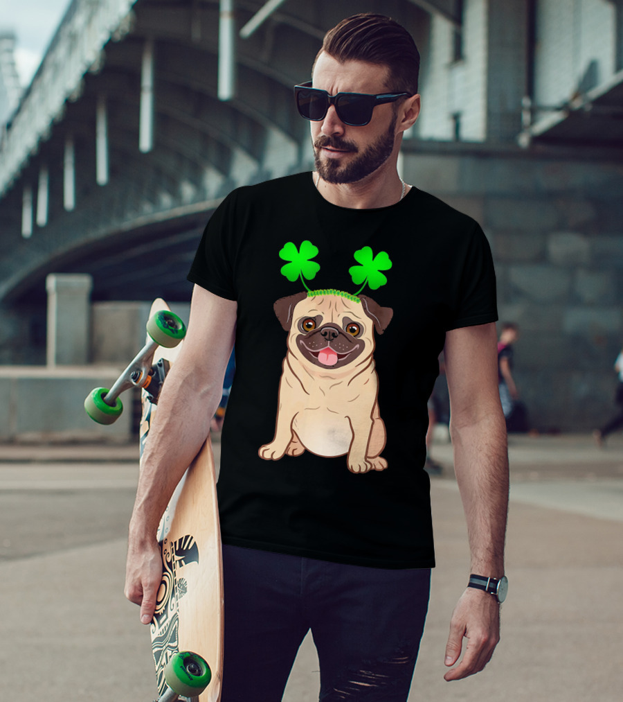 Cute Pug Adorned In Shamrock Headband With Happy Expression T-Shirt