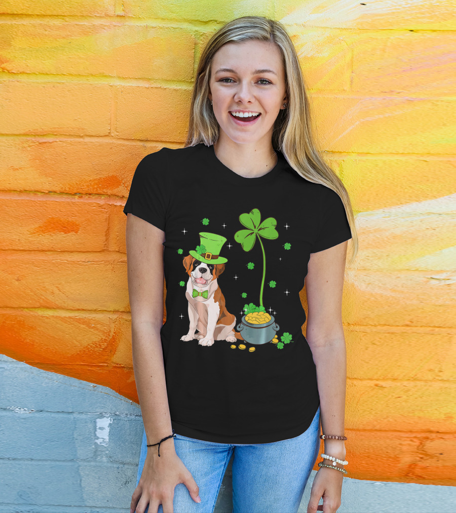 Shamrock Leprechaun Saint Bernard St Patrick's Day Dog Pot Of Gold T-Shirt