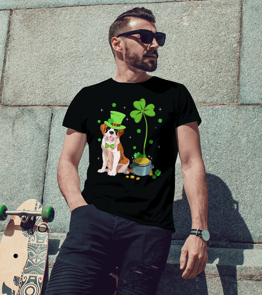 Shamrock Leprechaun Saint Bernard St Patrick's Day Dog Pot Of Gold T-Shirt