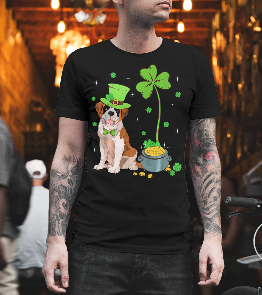 Shamrock Leprechaun Saint Bernard St Patrick's Day Dog Pot of Gold T-Shirt