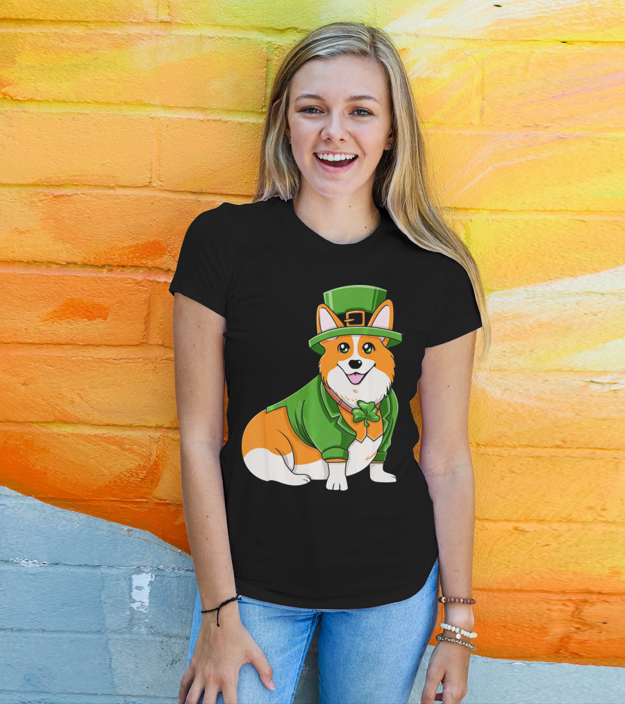 St Patricks Day Corgi Irish Dog In Leprechaun Hat And Green Suit T-Shirt