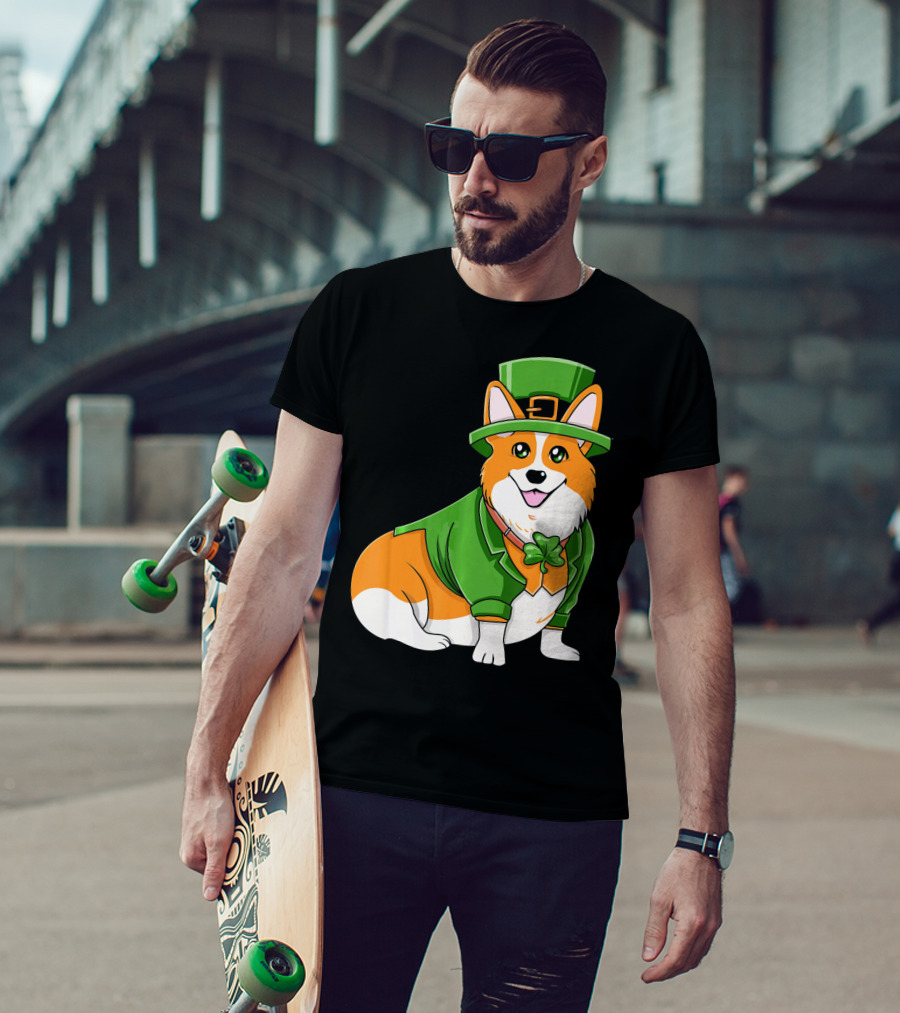 St Patricks Day Corgi Irish Dog In Leprechaun Hat And Green Suit T-Shirt
