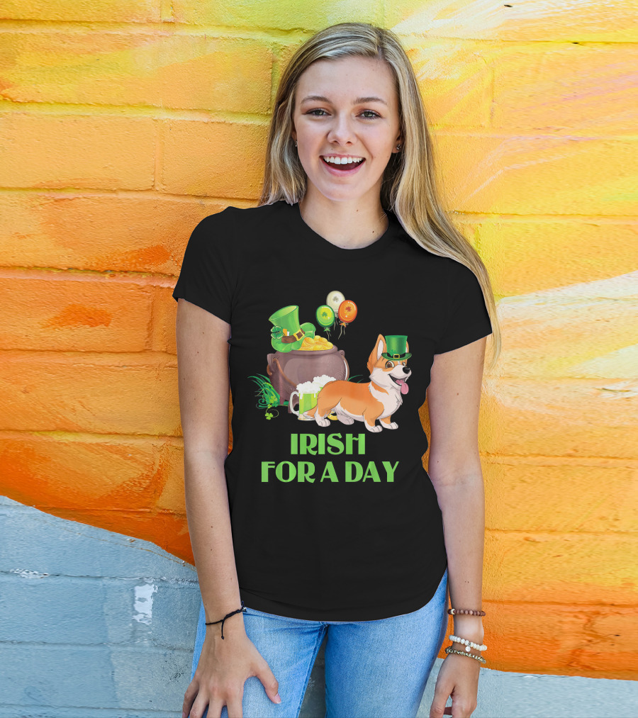 Irish For A Day Welsh Corgi Dog Leprechaun Pot Of Gold Balloons T-Shirt