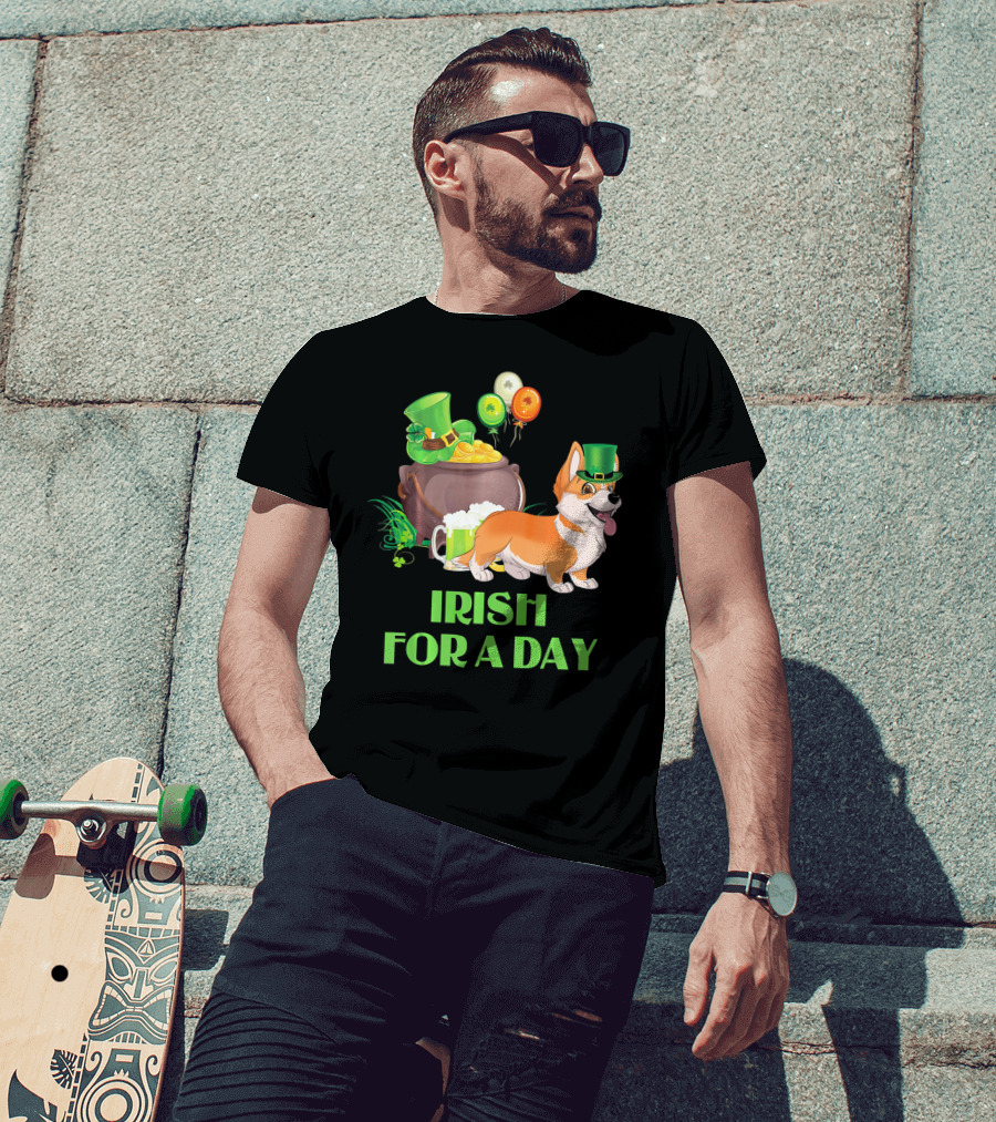 Irish For A Day Welsh Corgi Dog Leprechaun Pot Of Gold Balloons T-Shirt