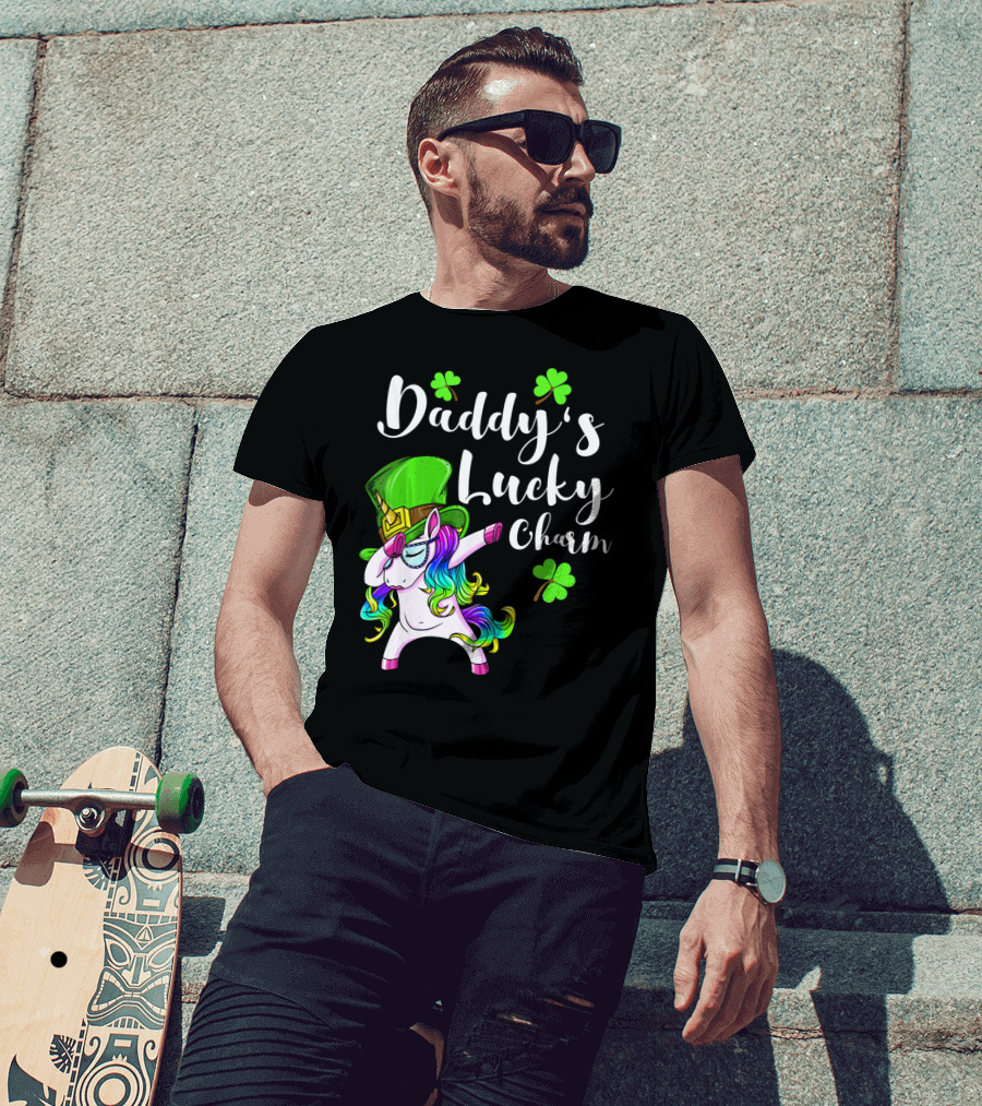Daddy's Lucky Charm St. Patrick's Day Unicorn With Shamrock Hat T-Shirt