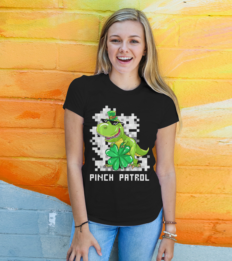 St Patrick Day Dinosaur Pinch Patrol Pixelated Clover And Hat T-Shirt