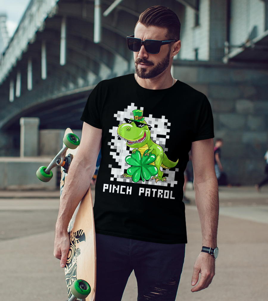 St Patrick Day Dinosaur Pinch Patrol Pixelated Clover And Hat T-Shirt