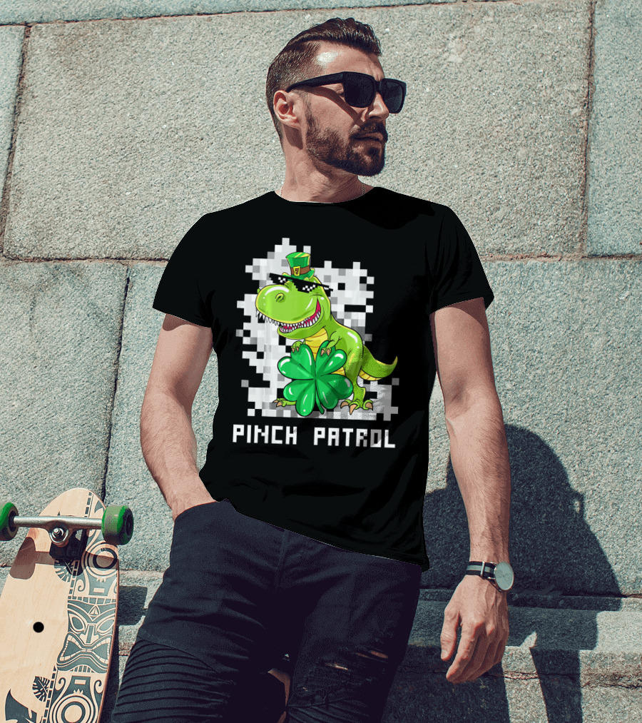 St Patrick Day Dinosaur Pinch Patrol Pixelated Clover And Hat T-Shirt