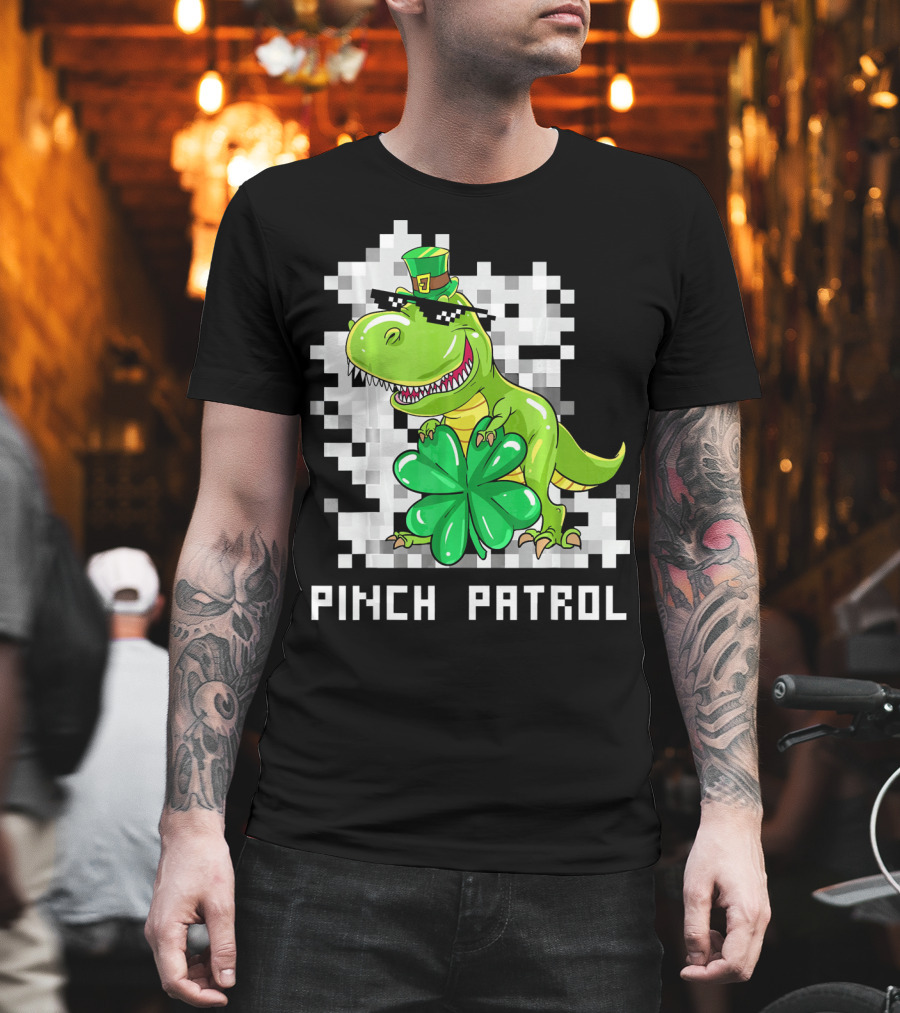 St Patrick Day Dinosaur Pinch Patrol Pixelated Clover And Hat T-Shirt