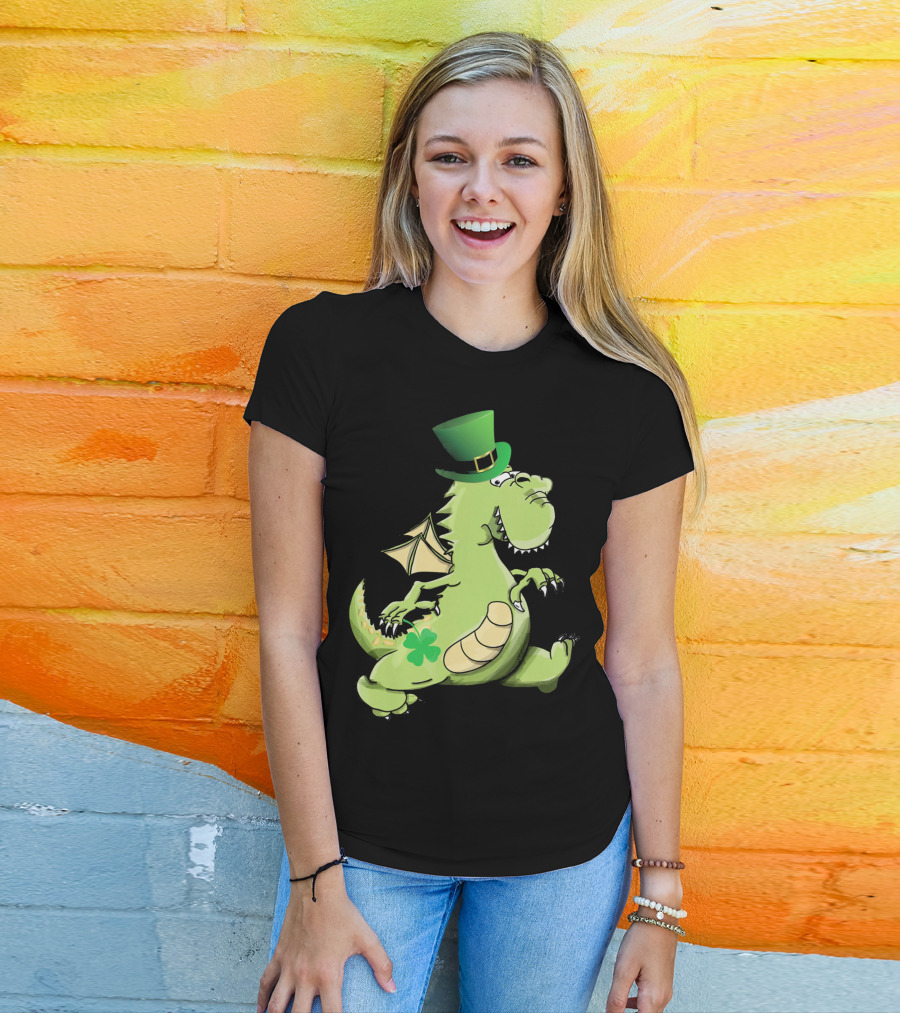 St Patrick's Day Dragon Wearing Leprechaun Hat With Shamrock T-Shirt