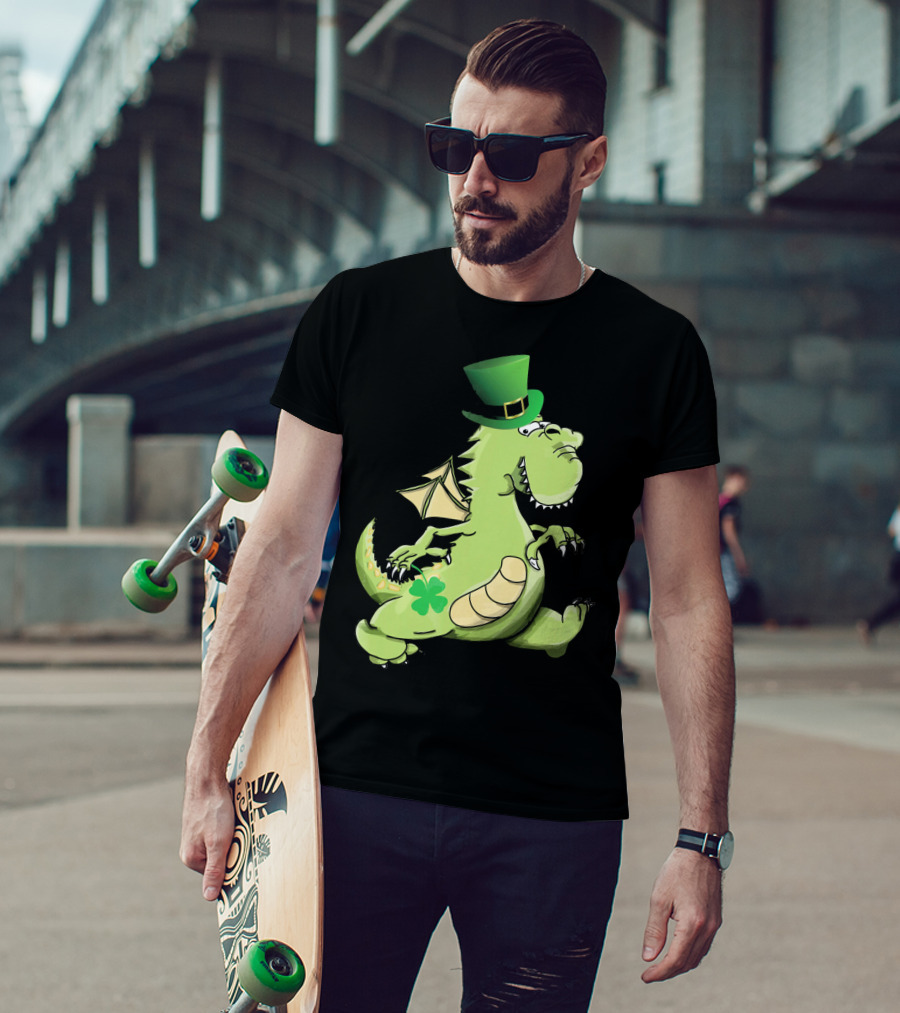 St Patrick's Day Dragon Wearing Leprechaun Hat With Shamrock T-Shirt