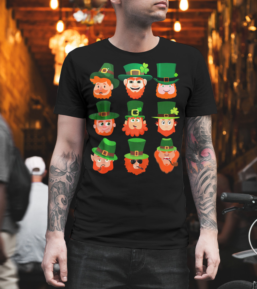 Funny Leprechaun Emotion Feeling Faces With Green Hats And Red Beards T-Shirt