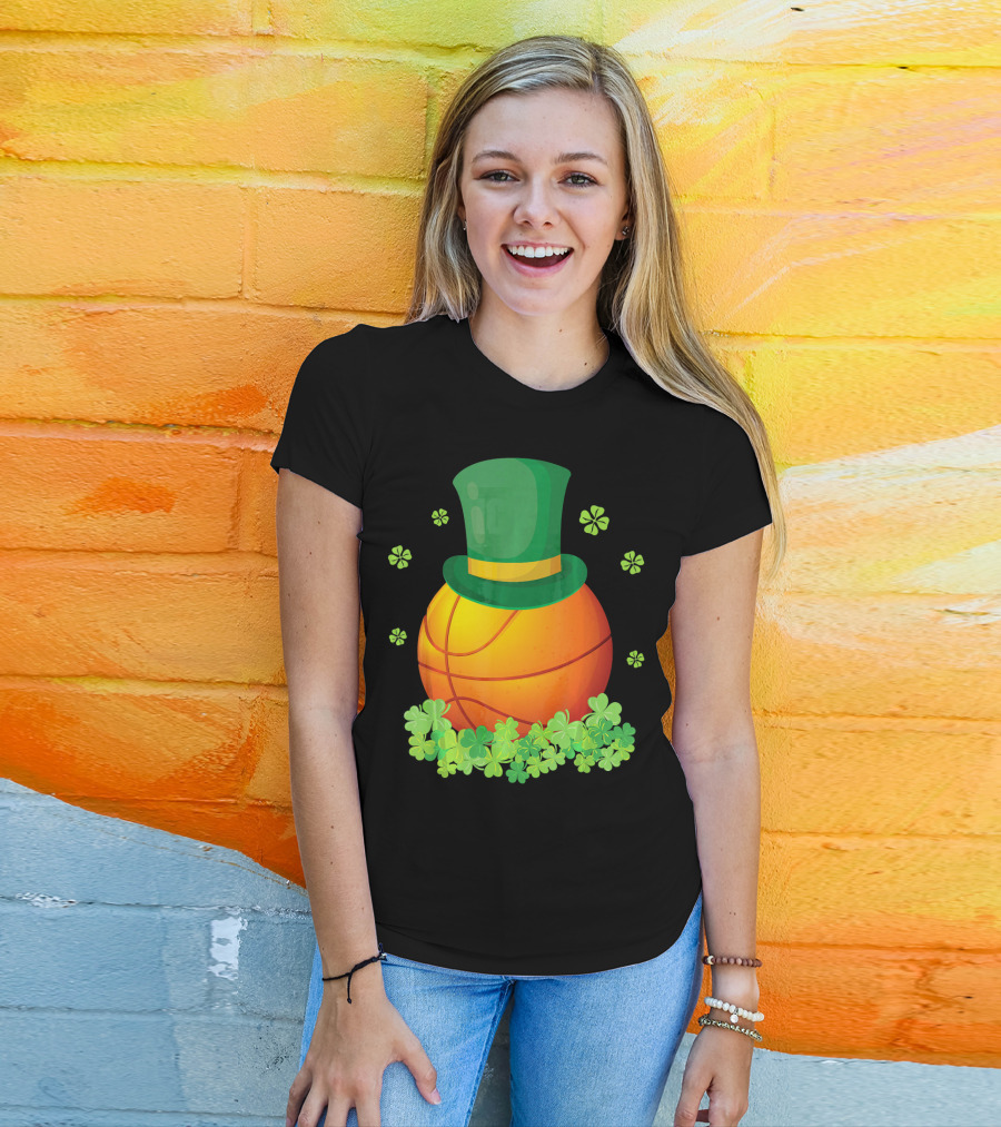 Basketball With Leprechaun Hat And Shamrocks Playing Around T-Shirt