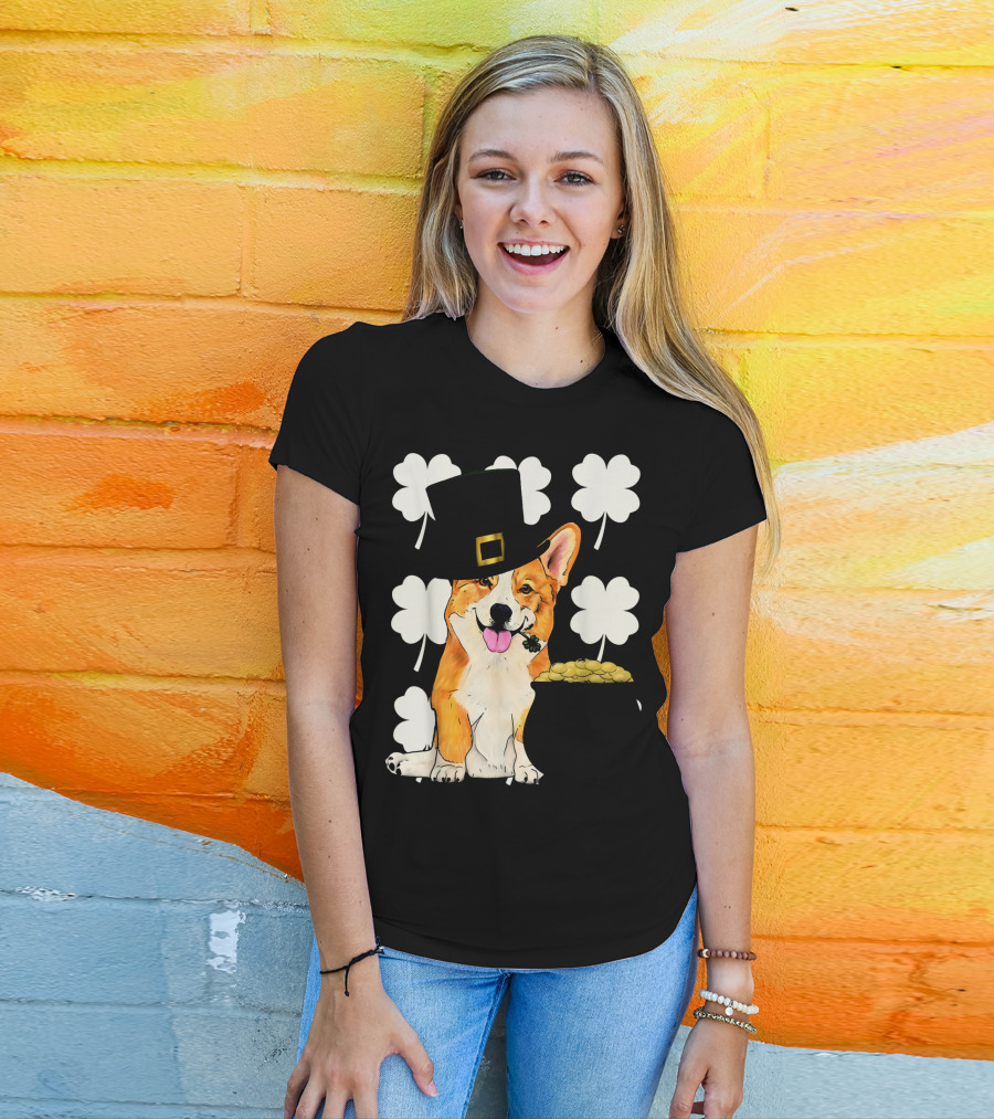 Irish Corgi St. Patricks Day Clover Leprechaun Hat And Pot Of Gold T-Shirt