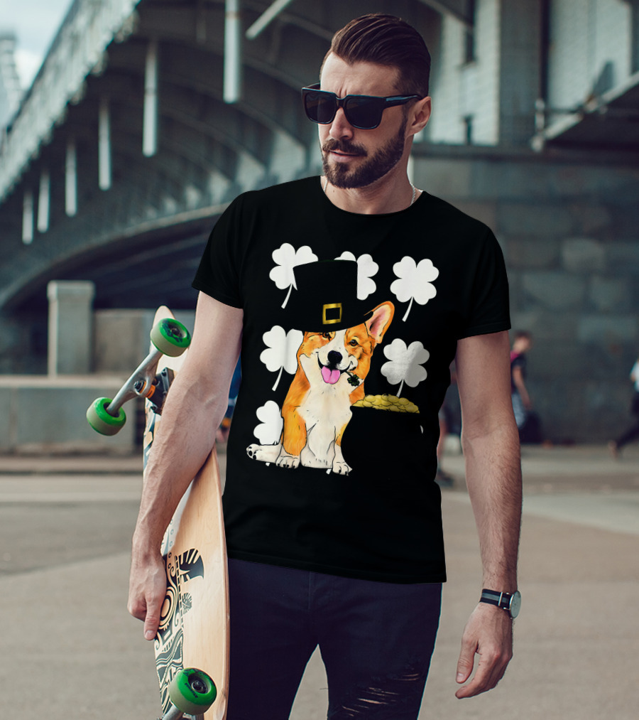Irish Corgi St. Patricks Day Clover Leprechaun Hat And Pot Of Gold T-Shirt
