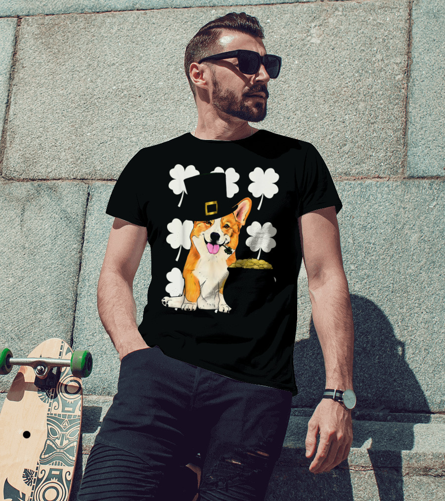 Irish Corgi St. Patricks Day Clover Leprechaun Hat And Pot Of Gold T-Shirt