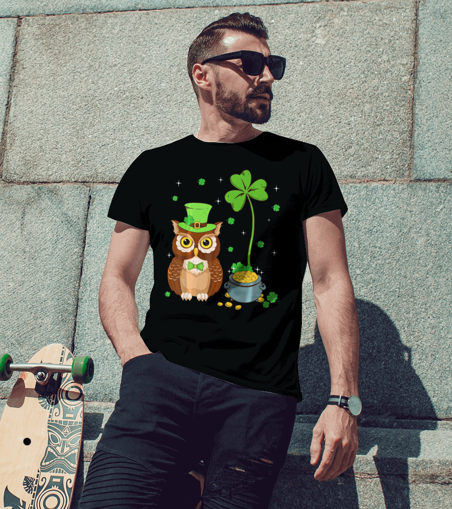 Shamrock Leprechaun Owl Pot Of Gold T-Shirt