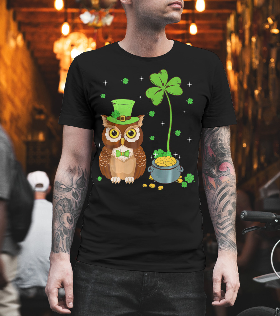 Shamrock Leprechaun Owl Pot of Gold T-Shirt