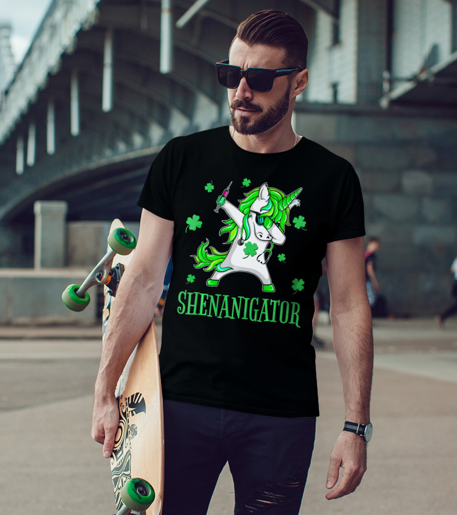 Unicorn Dabbing Shenanigator With Shamrocks And Syringe T-Shirt