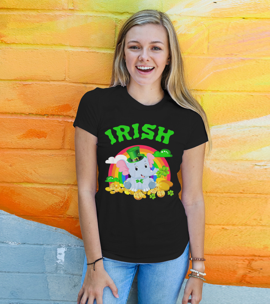 Irish Elephant St Patricks Day Rainbow Coins Clover T-Shirt