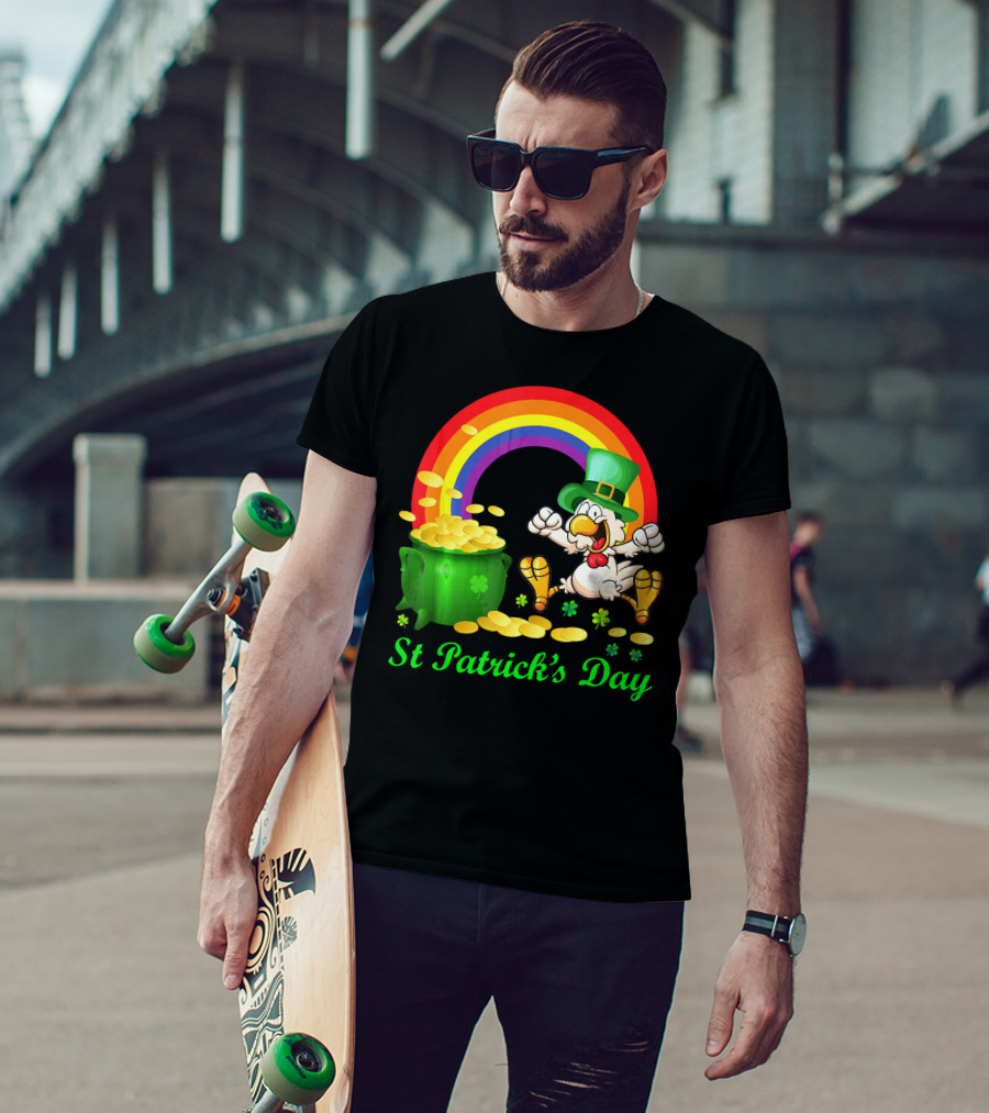 St Patrick's Day Chicken Leprechaun With Pot Of Gold And Rainbow T-Shirt