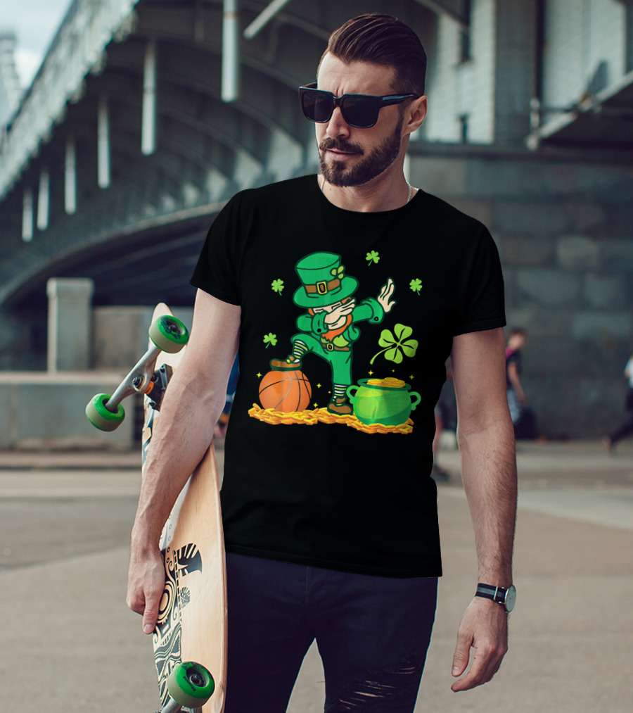 Leprechaun Dab With Basketball And Pot Of Gold Filled With Coins And Shamrocks T-Shirt