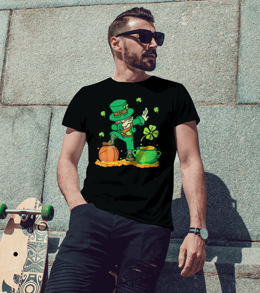 Leprechaun Dab With Basketball And Pot Of Gold Filled With Coins And Shamrocks T-Shirt