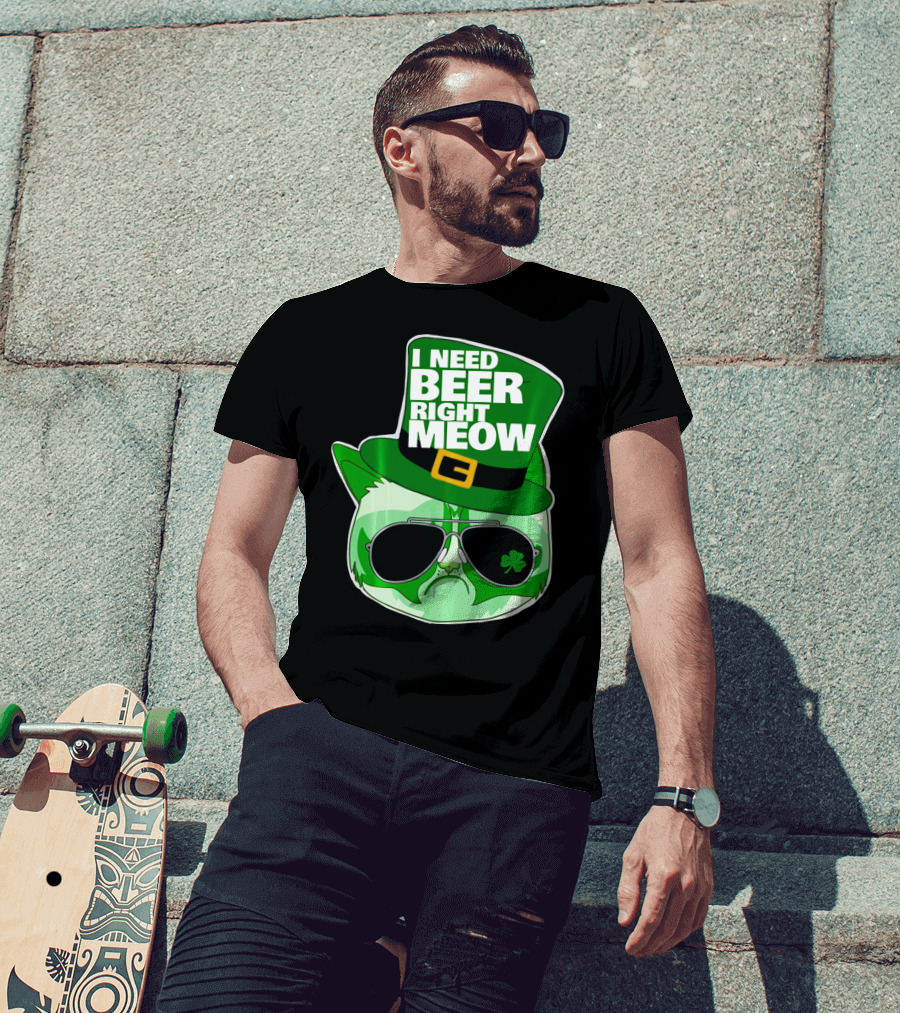I Need Beer Right Meow Funny St Patricks Day Cat With Green Leprechaun Hat And Sunglasses T-Shirt