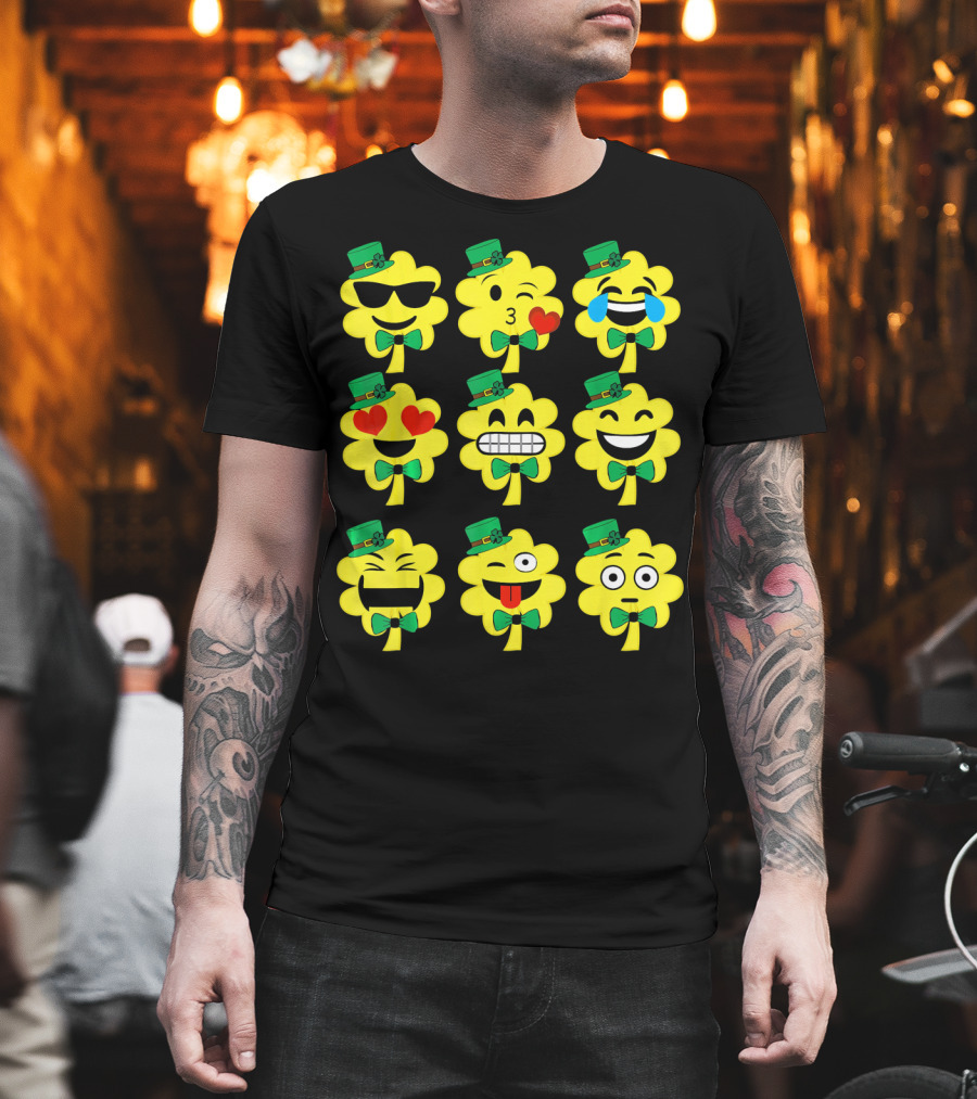 St Patricks Day Kids Emoji Shamrock Faces With Top Hats And Bowties T-Shirt