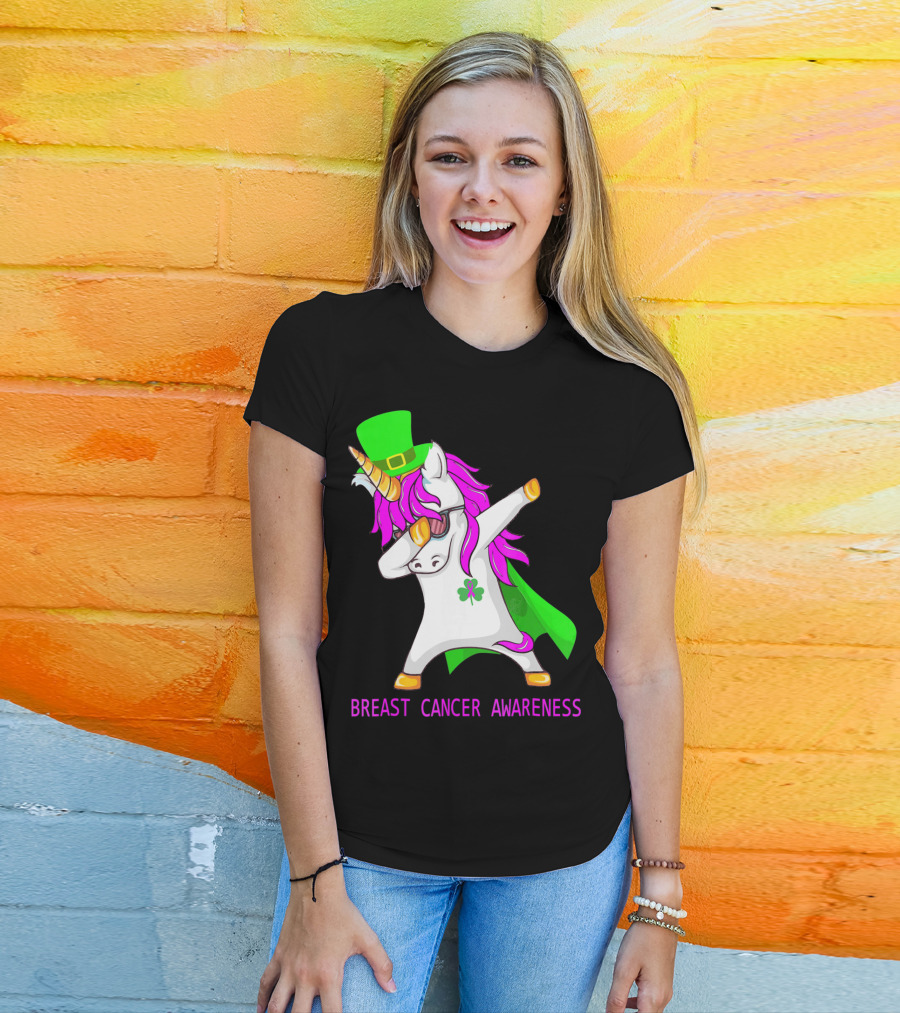 Unicorn Breast Cancer Awareness Dabbing With Green Hat And Clover Patrick T-Shirt