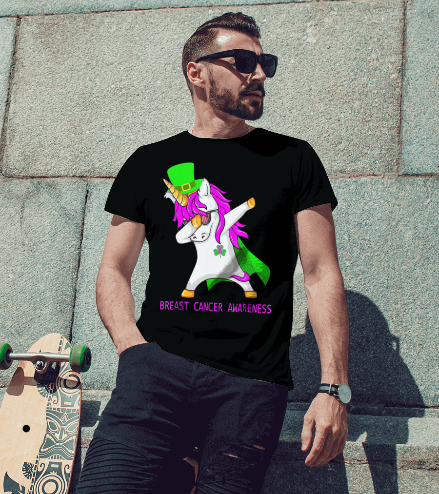 Unicorn Breast Cancer Awareness Dabbing With Green Hat And Clover Patrick T-Shirt