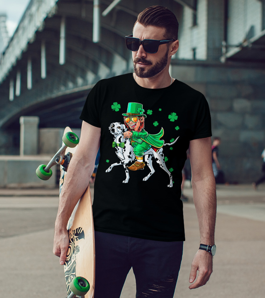 Leprechaun Riding Dalmatian With Shamrocks St. Patrick's Day T-Shirt