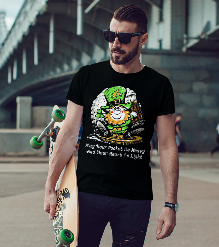 Irish Leprechaun Dark Beer Shamrock May Your Pocket Be Heavy And Your Heart Be Light T-Shirt