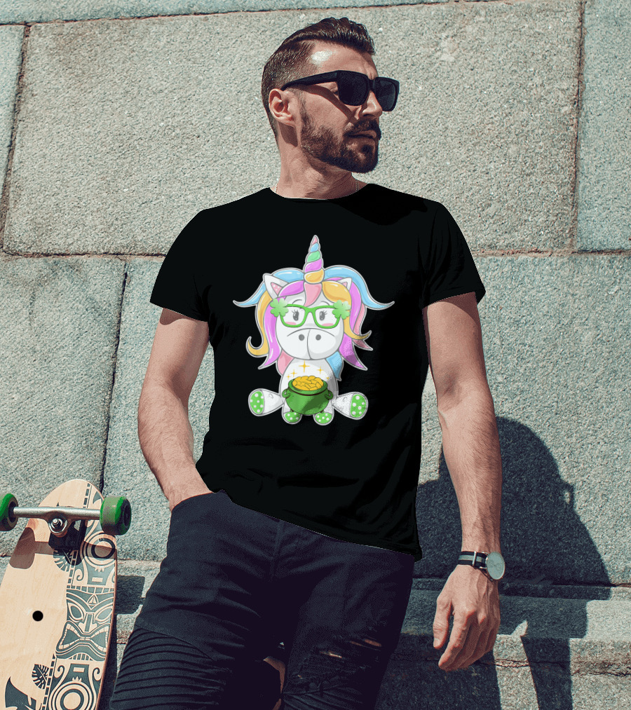 Unicorn Face Saint Patricks Day Shamrock Glasses Pot Of Gold T-Shirt