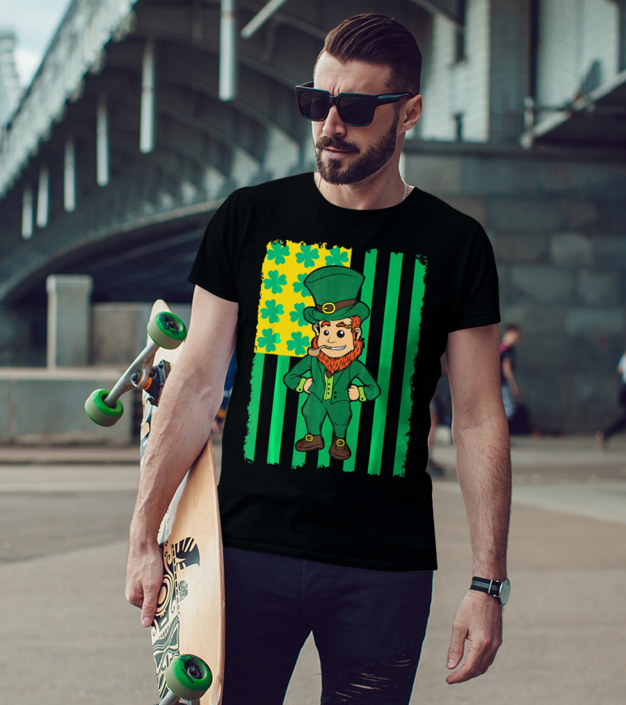 Irish American Leprechaun With Clover Flag T-Shirt