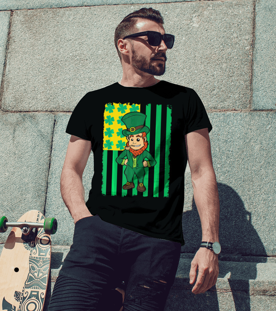 Irish American Leprechaun With Clover Flag T-Shirt