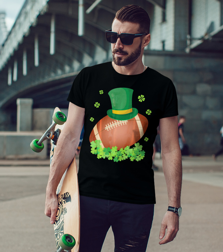 Leprechaun Hat On Football Surrounded By Clovers T-Shirt