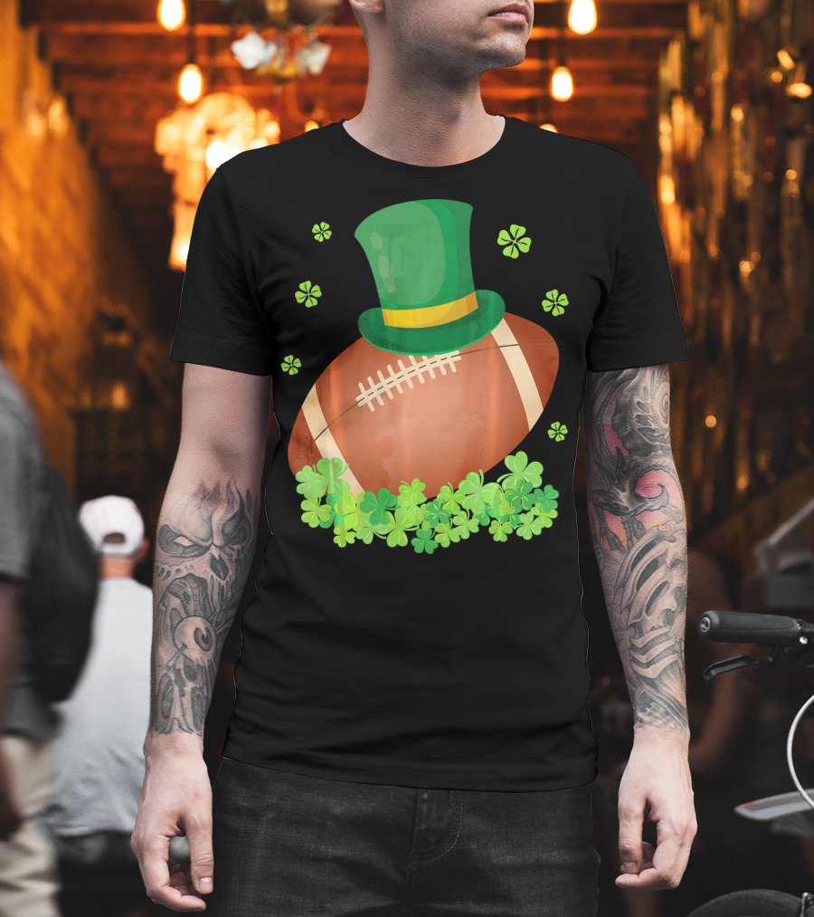 Leprechaun Hat On Football Surrounded By Clovers T-Shirt