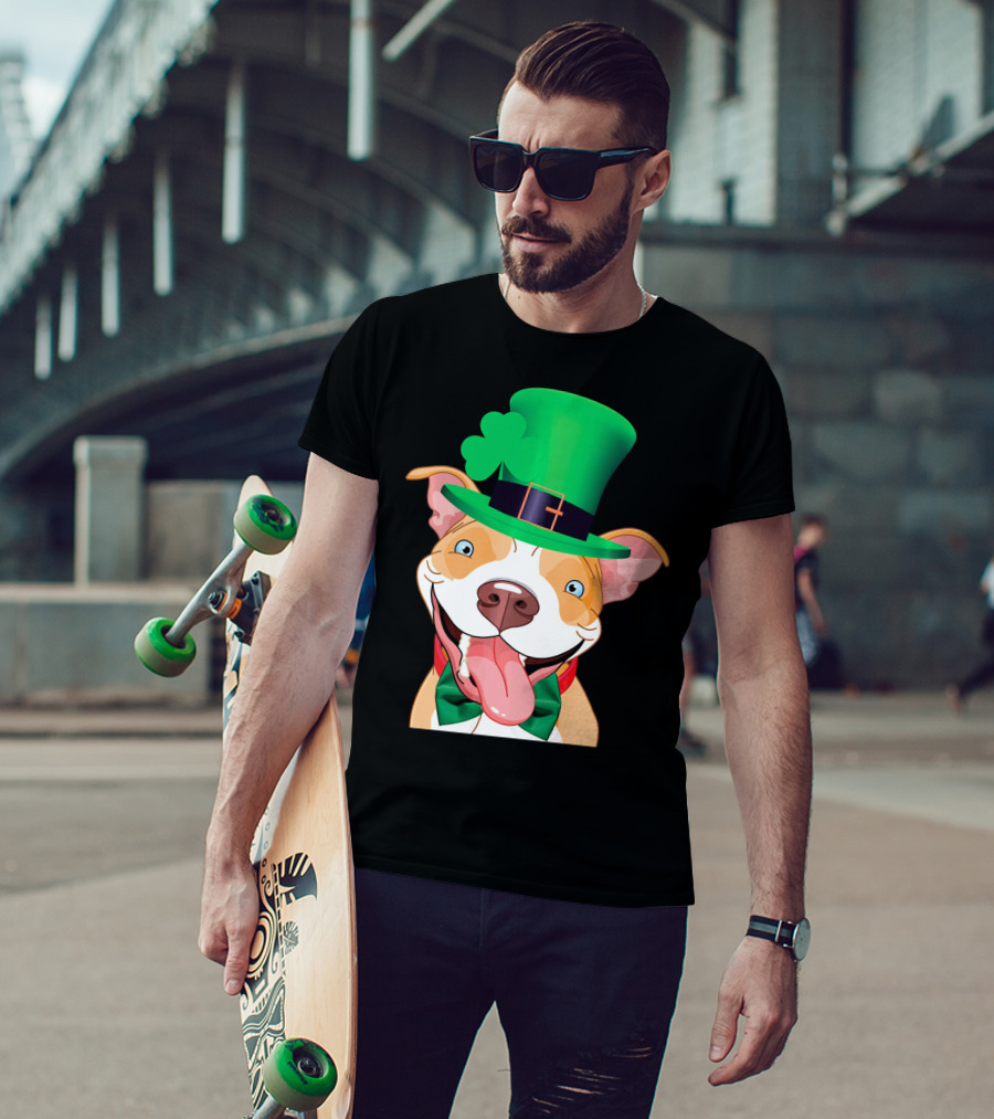 Irish Pitbull St Patricks Day Funny Leprechaun Hat Shamrock T-Shirt