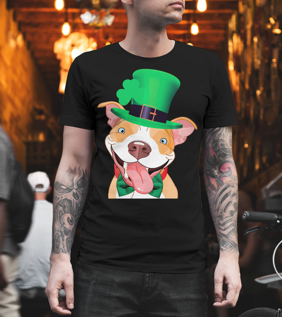 Irish Pitbull St Patricks Day Funny Leprechaun Hat Shamrock T-Shirt