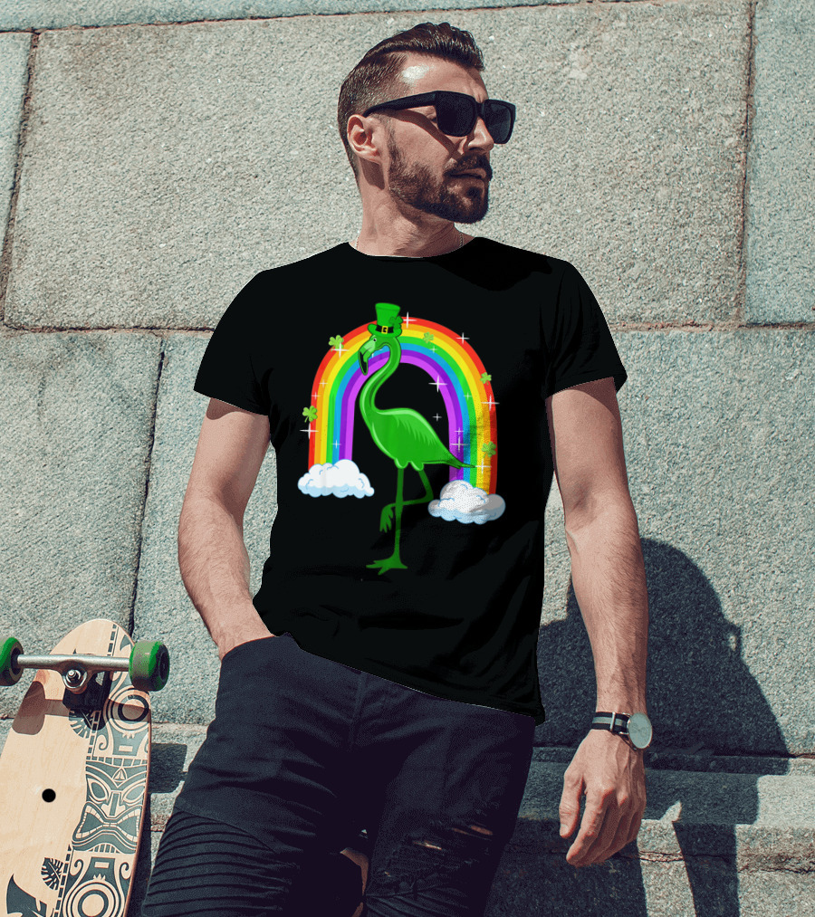 Leprechaun Flamingo With Rainbow And Clovers T-Shirt