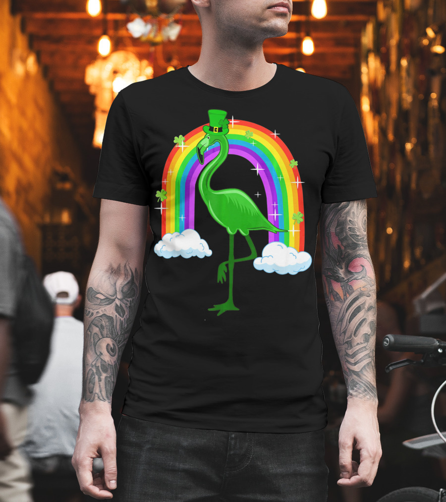 Leprechaun Flamingo with Rainbow and Clovers T-Shirt