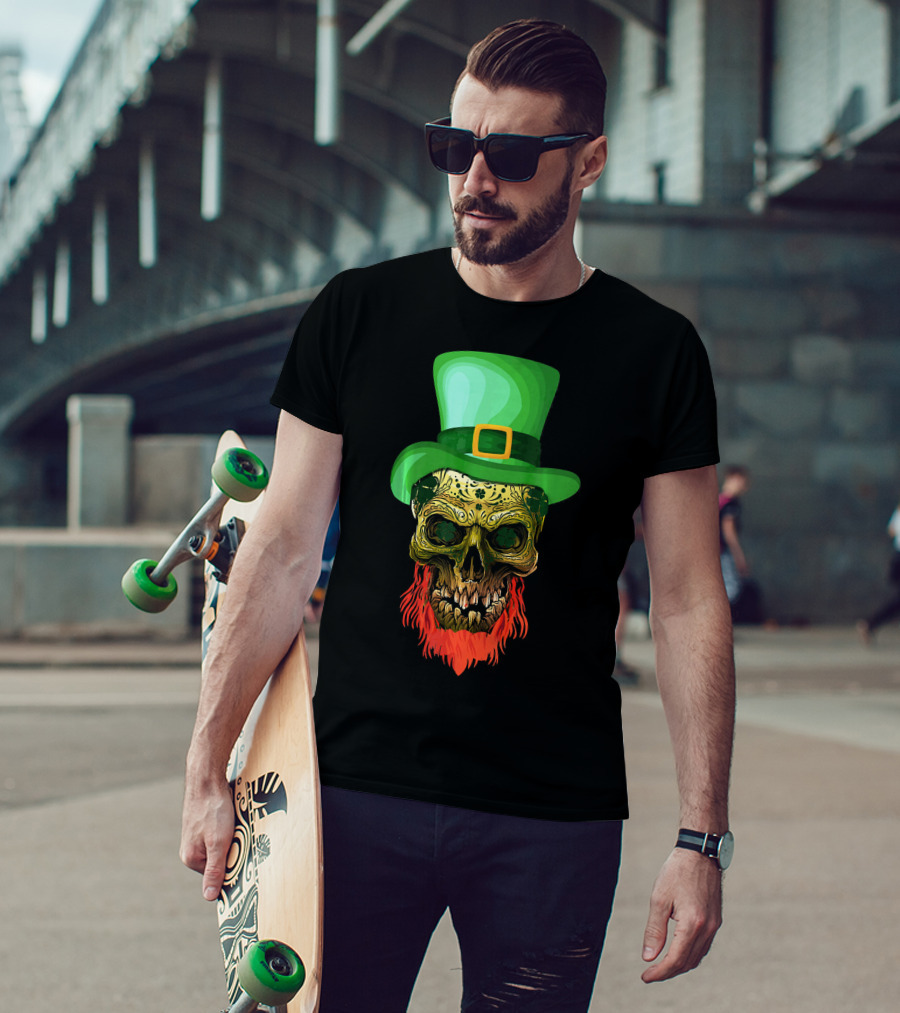 Skull Leprechaun Irish Green Hat Red Beard T-Shirt