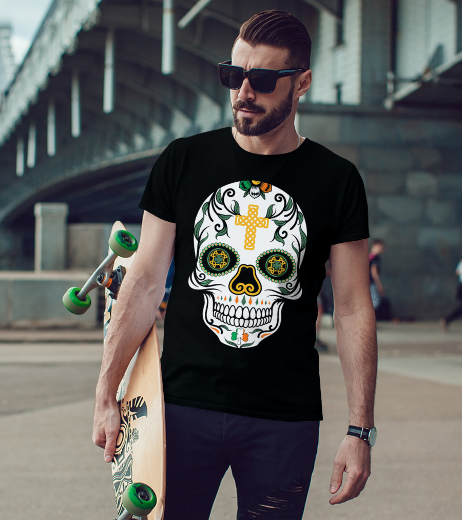 Cinco De Mayo Shamrock Sugar Skull Celtic Cross Floral T-Shirt