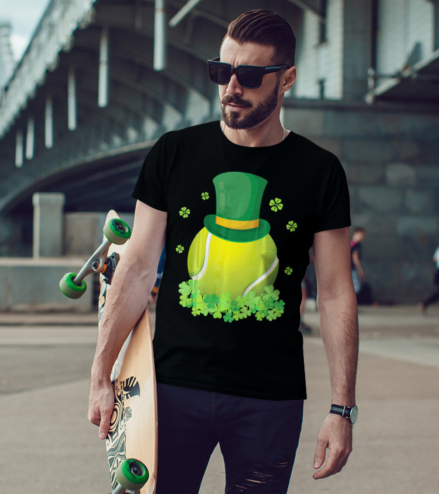 Leprechaun Hat Tennis Ball Surrounded By Shamrocks T-Shirt